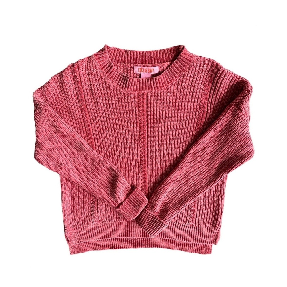 Coco & Shay Women Chenille Cable Knit Sweater Rose‎ Pink Ribbed Pullover L